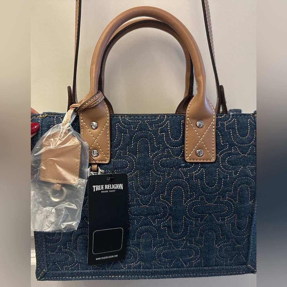 True Religion Denim Tote with Tan Leather Trim